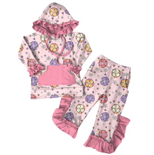 7.5 Preorder (moq 5)Baby Girls Long Sleeves Lavender Flowers Pockets Hoodie Ruffle Pant Clothes Set