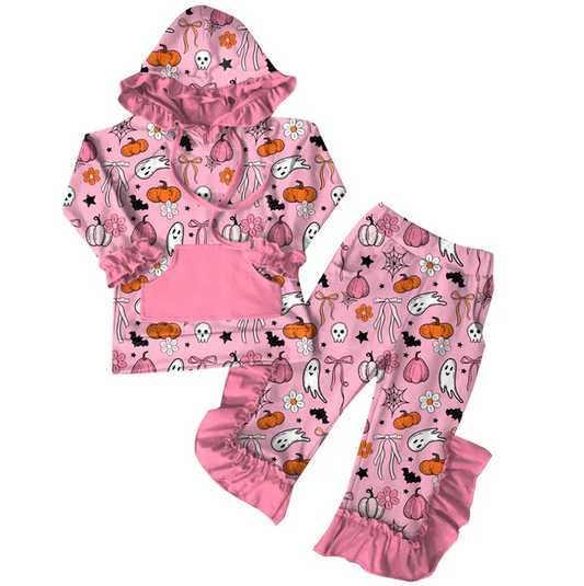 7.5 Preorder (moq 5)Baby Girls Long Sleeves Pink Ghost Pumpkins Pockets Hoodie Ruffle Pant Clothes Set