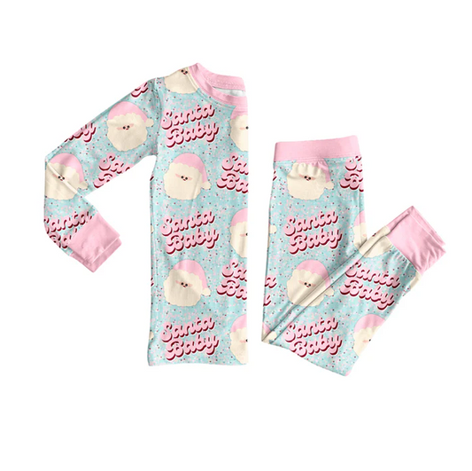 7.5 Preorder (moq 5)Baby Girls Long Sleeves Pink Santa Babe Top Pant Pajamas Clothes Set