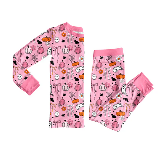 7.7 Preorder (moq 5)Baby Girls Long Sleeves Pink Ghost Pumpkins Top Pant Pajamas Clothes Set
