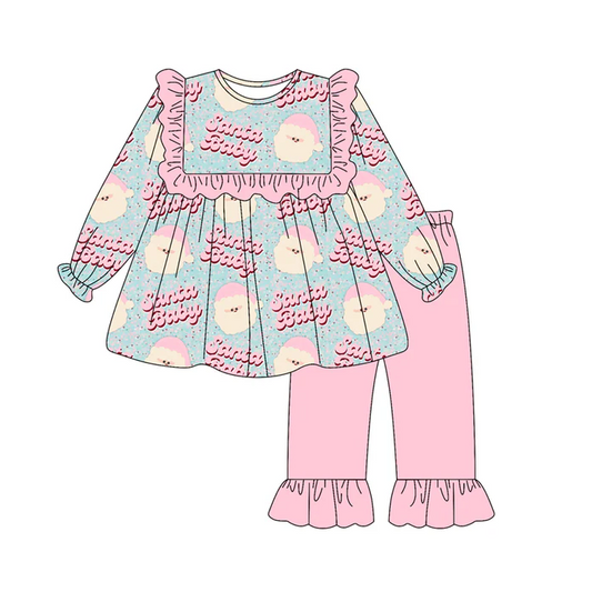 7.7 Preorder (moq 5)Baby Girls Long Sleeves Pink Santa Babe Tunic Ruffle Pant Clothes Set