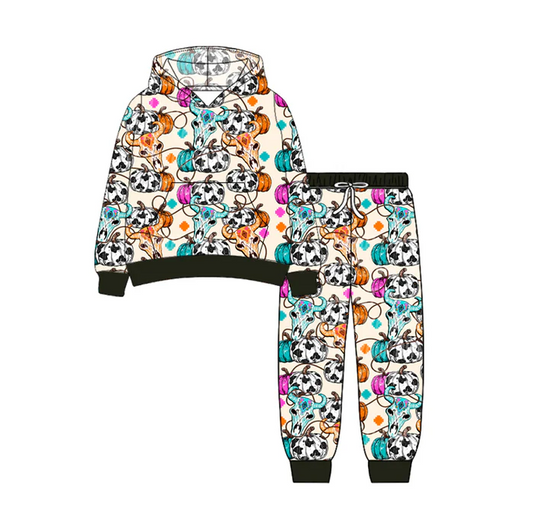 7.7 Preorder (moq 5)Baby Girls Long Sleeves Pumpkins Bull Skull Pockets Hoodie Pant Clothes Set