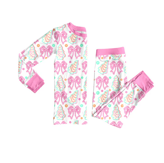 7.7 Preorder (moq 5)Baby Girls Long Sleeves Pink Bows Trees Top Pant Pajamas Clothes Set