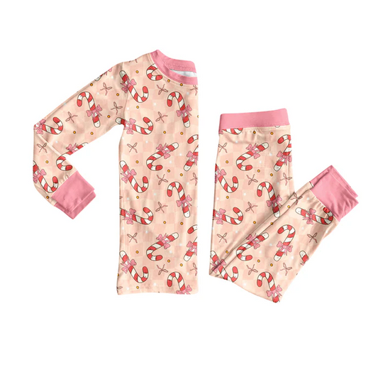 7.7 Preorder (moq 5)Baby Girls Long Sleeves Pink Bows Candy Cane Top Pant Pajamas Clothes Set