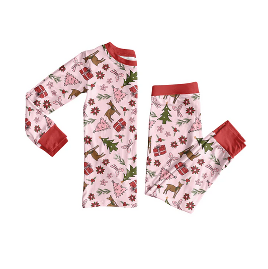 7.7 Preorder (moq 5)Baby Girls Long Sleeves Pink Bows Trees Deer Top Pant Pajamas Clothes Set