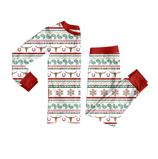 7.7 Preorder (moq 5)Baby Girls Long Sleeves Bull Skull Aztec Stripe Top Pant Pajamas Clothes Set