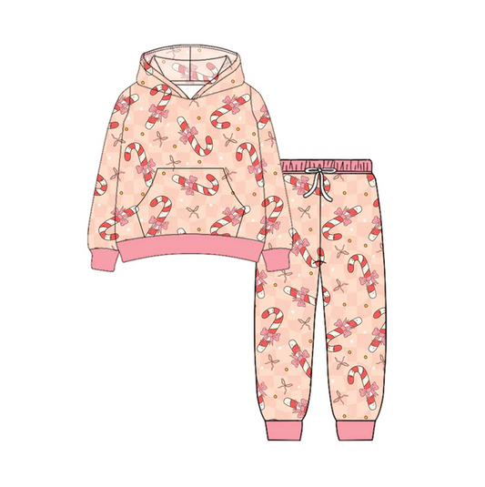 7.7 Preorder (moq 5)Baby Girls Long Sleeves Pink Bows Candy Cane Pockets Hoodie Pant Clothes Set