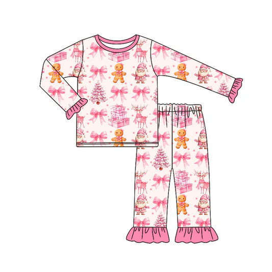 7.7 Preorder (moq 5)Baby Girls Long Sleeves Pink Bows Gingerbread Top Ruffle Pant Pajamas Clothes Set