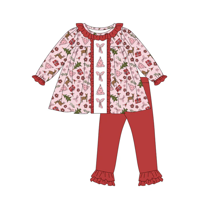 7.7 Preorder (moq 5)Baby Girls Long Sleeves Pink Bows Trees Deer Tunic Ruffle Pant Clothes Set
