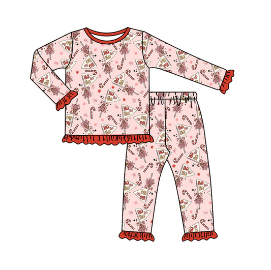 7.7 Preorder (moq 5)Baby Girls Long Sleeves Candy Cane Snowflake Top Ruffle Pant Pajamas Clothes Set