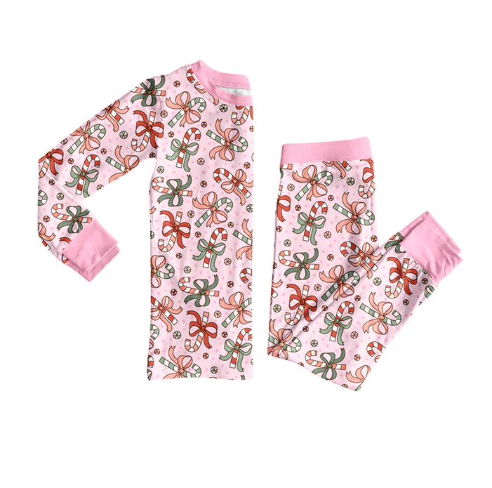 7.7 Preorder (moq 5)Baby Girls Long Sleeves Bows Candy Cane Plaid Top Pant Pajamas Clothes Set