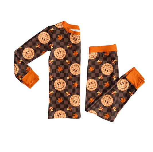 7.7 Preorder (moq 5)Baby Girls Long Sleeves Brown Plaid Smiles Leaves Top Pant Pajamas Clothes Set