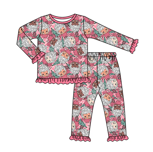 7.7 Preorder (moq 5)Baby Girls Long Sleeves Leopard Santa Top Ruffle Pant Pajamas Clothes Set
