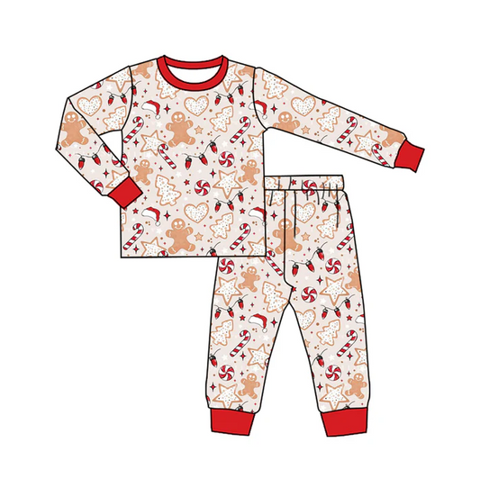 7.7 Preorder (moq 5)Baby Boys Long Sleeves Gingerbread Candy Cane Top Pant Pajamas Clothes Set