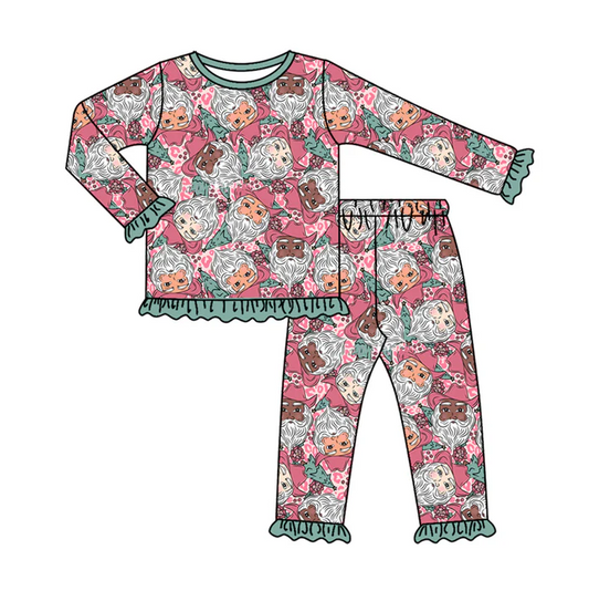 7.7 Preorder (moq 5)Baby Girls Long Sleeves Leopard Santa Top Ruffle Pant Pajamas Clothes Set
