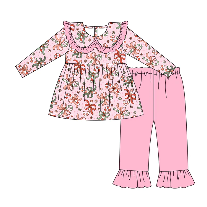 7.7 Preorder (moq 5)Baby Girls Long Sleeves Bows Candy Cane Tunic Ruffle Pant Clothes Set