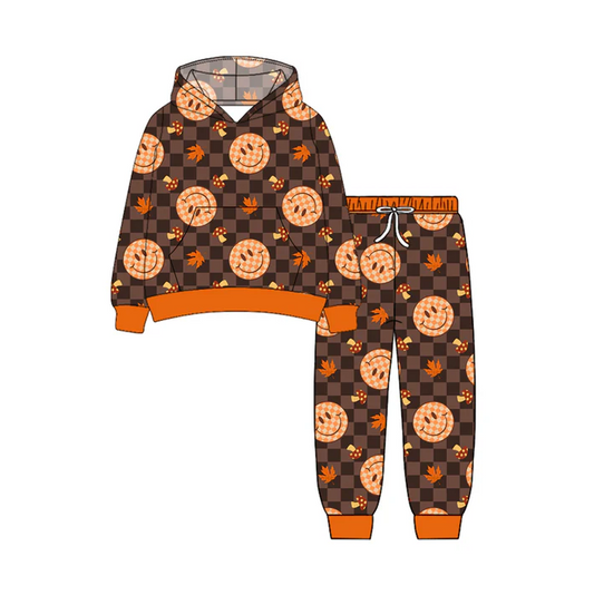 7.7 Preorder (moq 5)Baby Boys Long Sleeves Brown Plaid Smiles Leaves Pockets Hoodie Pant Clothes Set