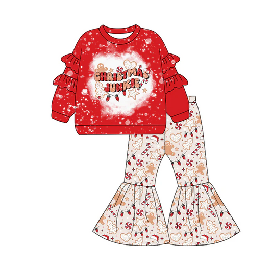 7.7 Preorder (moq 5)Baby Girls Long Sleeves Red Christmas Junkie Top Bell Bottom Pant Clothes Set