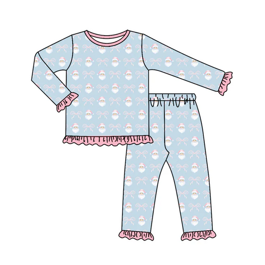 7.7 Preorder (moq 5)Baby Girls Long Sleeves Pink Santa Bows Top Pant Pajamas Clothes Set