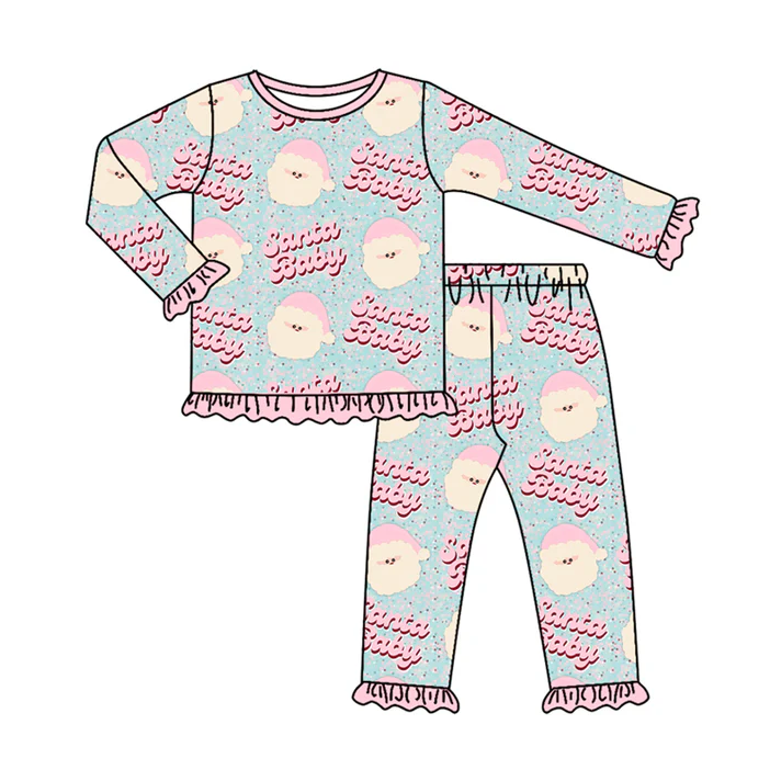 7.7 Preorder (moq 5)Baby Girls Long Sleeves Pink Santa Babe Top Pant Pajamas Clothes Set