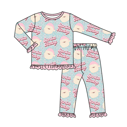 7.7 Preorder (moq 5)Baby Girls Long Sleeves Pink Santa Babe Top Pant Pajamas Clothes Set