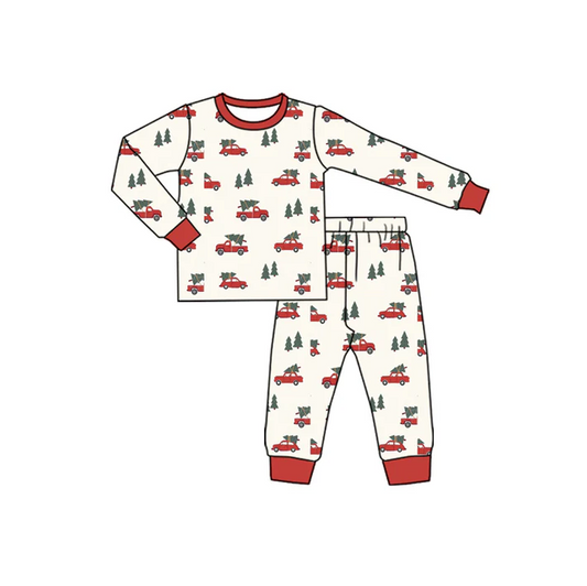7.7 Preorder (moq 5)Baby Boys Long Sleeves Red Trees Trucks Top Pant Pajamas Clothes Set