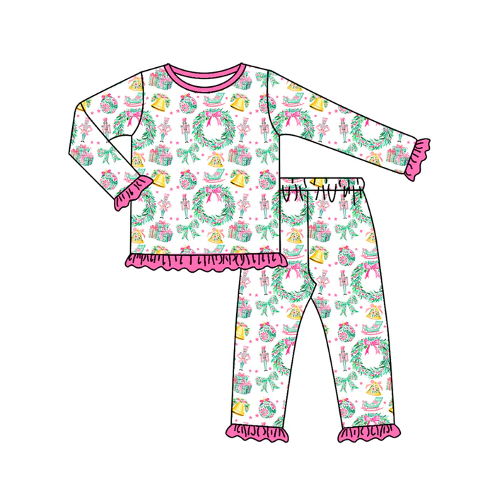 7.7 Preorder (moq 5)Baby Girls Long Sleeves Holly Soldiers Top Ruffle Pant Pajamas Clothes Set