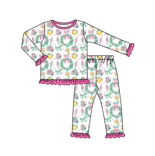 7.7 Preorder (moq 5)Baby Girls Long Sleeves Holly Soldiers Top Ruffle Pant Pajamas Clothes Set