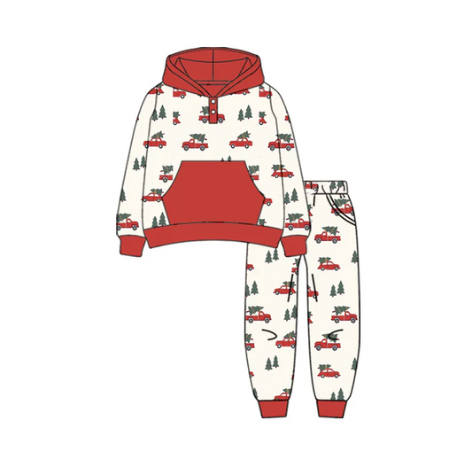 7.7 Preorder (moq 5)Baby Boys Long Sleeves Christmas Trees Trucks Pockets Hoodie Pant Clothes Set