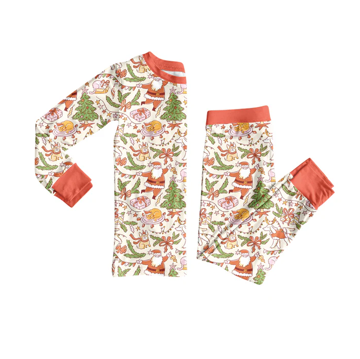 7.7 Preorder (moq 5)Baby Girls Long Sleeves Christmas Trees Santa Top Pant Pajamas Clothes Set