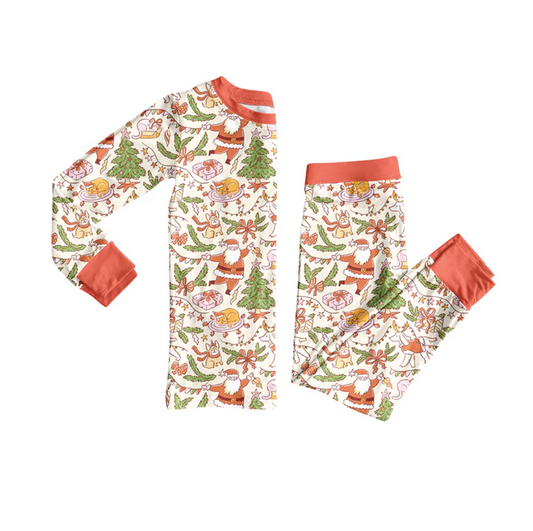 7.7 Preorder (moq 5)Baby Girls Long Sleeves Christmas Trees Santa Top Pant Pajamas Clothes Set