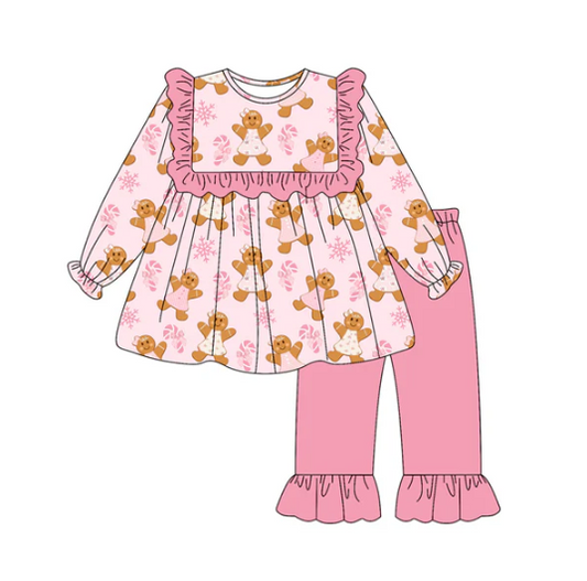 7.7 Preorder (moq 5)Baby Girls Long Sleeves Pink Candy Cane Gingerbread Tunic Ruffle Pant Clothes Set