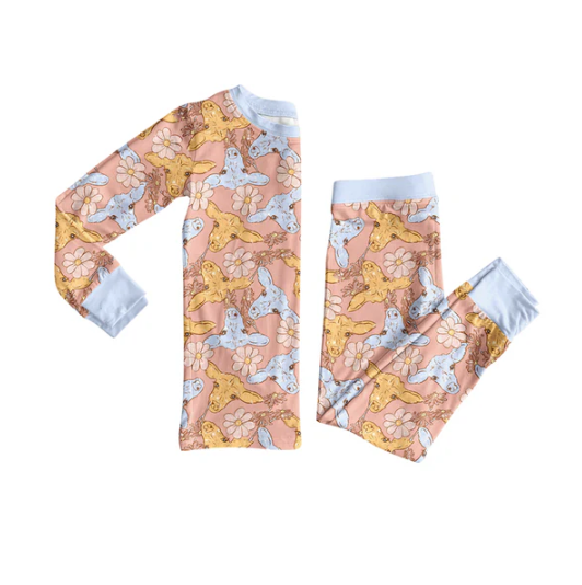 7.7 Preorder (moq 5)Baby Girls Long Sleeves Flowers Cows Top Pant Pajamas Clothes Set