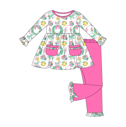 7.7 Preorder (moq 5)Baby Girls Long Sleeves Holly Soldiers Pockets Tunic Flare Pant Clothes Set