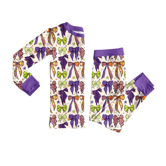 7.7 Preorder (moq 5)Baby Girls Long Sleeves Purple Bows Plaid Top Pant Pajamas Clothes Set
