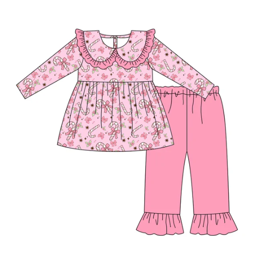 7.7 Preorder (moq 5)Baby Girls Long Sleeves Pink Bows Candy Cane Tunic Ruffle Pant Clothes Set