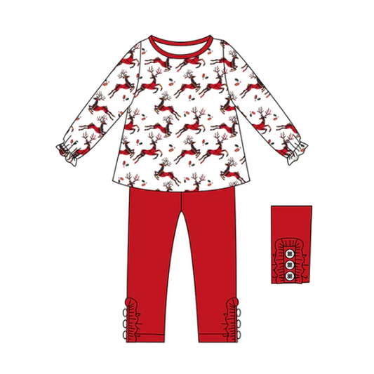 7.7 Preorder (moq 5)Baby Girls Long Sleeves Holly Deer Plaid Tunic Legging Pant Clothes Set