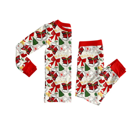 7.7 Preorder (moq 5)Baby Girls Long Sleeves Red Bows Trees Top Pant Pajamas Clothes Set