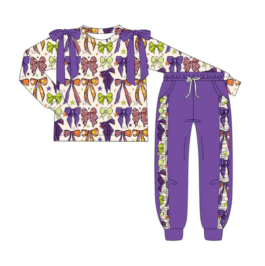 7.7 Preorder (moq 5)Baby Girls Long Sleeves Purple Bows Plaid Top Pockets Pant Clothes Set