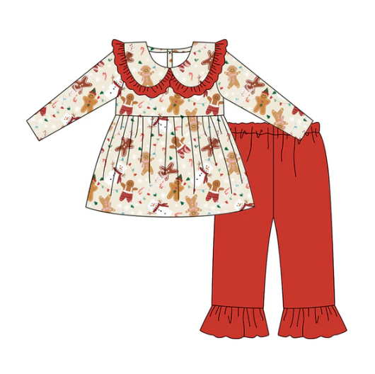 7.7 Preorder (moq 5)Baby Girls Long Sleeves Gingerbread Snowman Tunic Ruffle Pant Clothes Set
