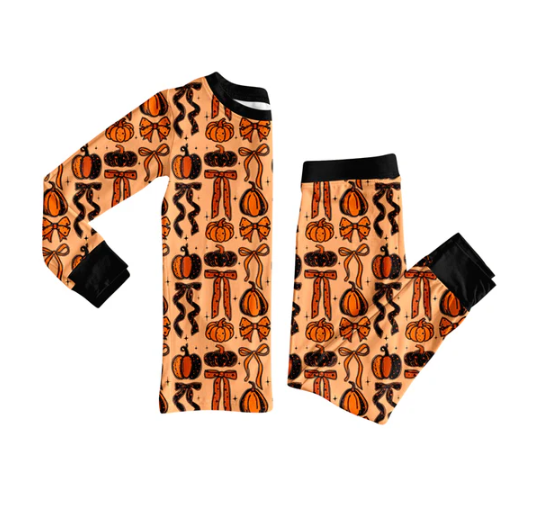 7.7 Preorder (moq 5)Baby Girls Long Sleeves Bows Pumpkins Top Pockets Pant Clothes Set