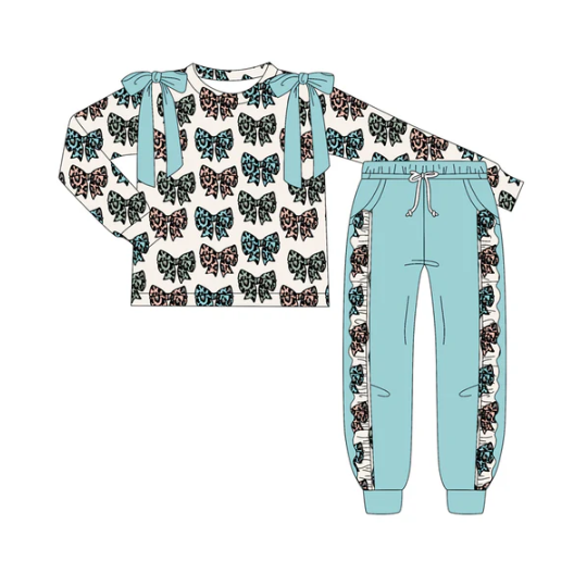 7.7 Preorder (moq 5)Baby Girls Long Sleeves Leopard Bows Plaid Top Pockets Pant Clothes Set