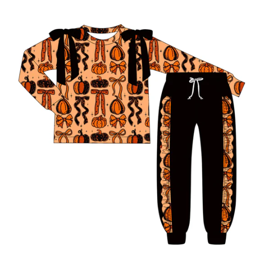 7.7 Preorder (moq 5)Baby Girls Long Sleeves Bows Pumpkins Top Pockets Pant Clothes Set