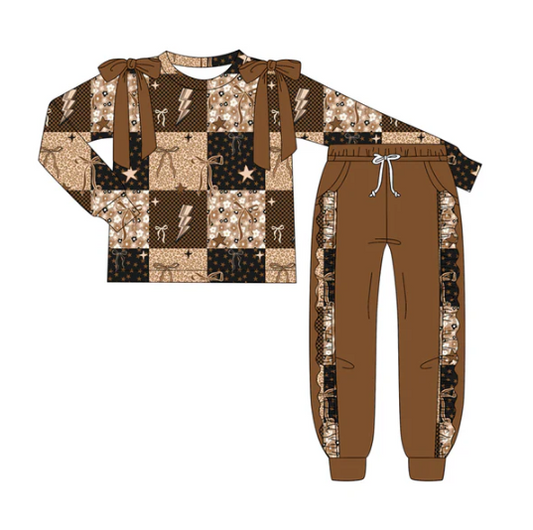 7.7 Preorder (moq 5)Baby Girls Long Sleeves Brown Bows Stars Top Pockets Pant Clothes Set