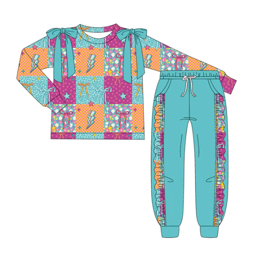 7.7 Preorder (moq 5)Baby Girls Long Sleeves Bows Lights Stars Top Pockets Pant Clothes Set