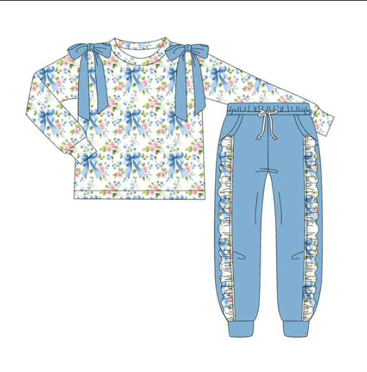 7.7 Preorder (moq 5)Baby Girls Long Sleeves Blue Bows Floral Top Pockets Pant Clothes Set