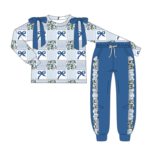 7.7 Preorder (moq 5)Baby Girls Long Sleeves Blue Bows Plaid Top Pockets Pant Clothes Set