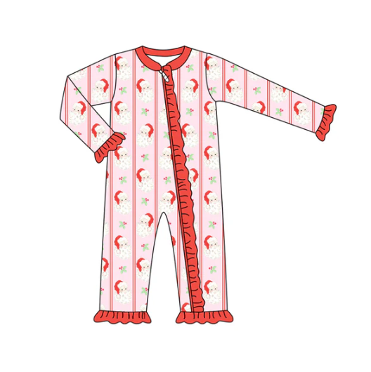7.8 Preorder (moq 5)Baby Girls Long Sleeves Red Santa Holly Stripes Ruffle Zipper Romper