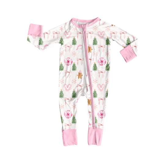 7.8 Preorder (moq 5)Baby Girls Long Sleeves Pink Bows Gingerbread Trees Zipper Romper