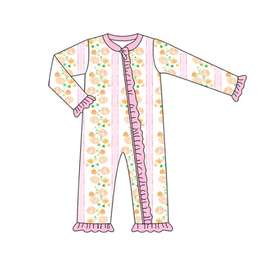 7.8 Preorder (moq 5)Baby Girls Long Sleeves Flowers Pumpkins Stripe Ruffle Zipper Romper